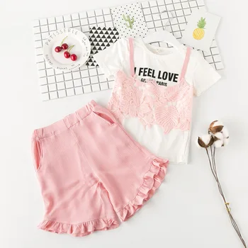 

New Girls Clothing Suit Short Sleeve T Shirt + Short Pants 2 Pcs Sets Pink Sweet Letter Lace Kids Autumn Suits