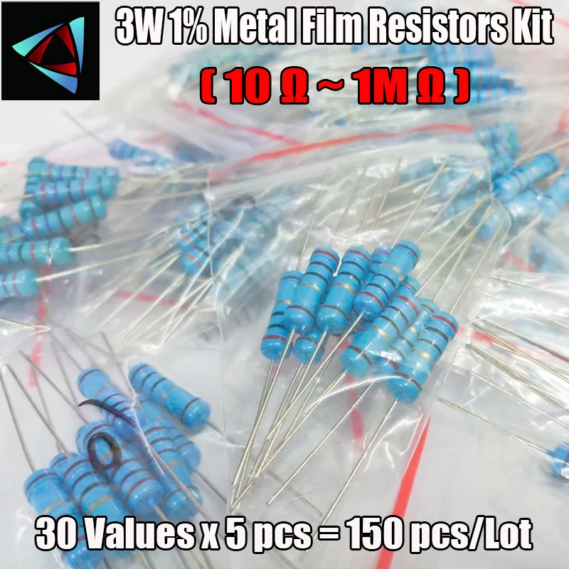 

10R-1M ohm 3W 1% DIP METAL film resistor,30valuesX5pcs=150pcs, RESISTORS Assorted Kit, Sample bag