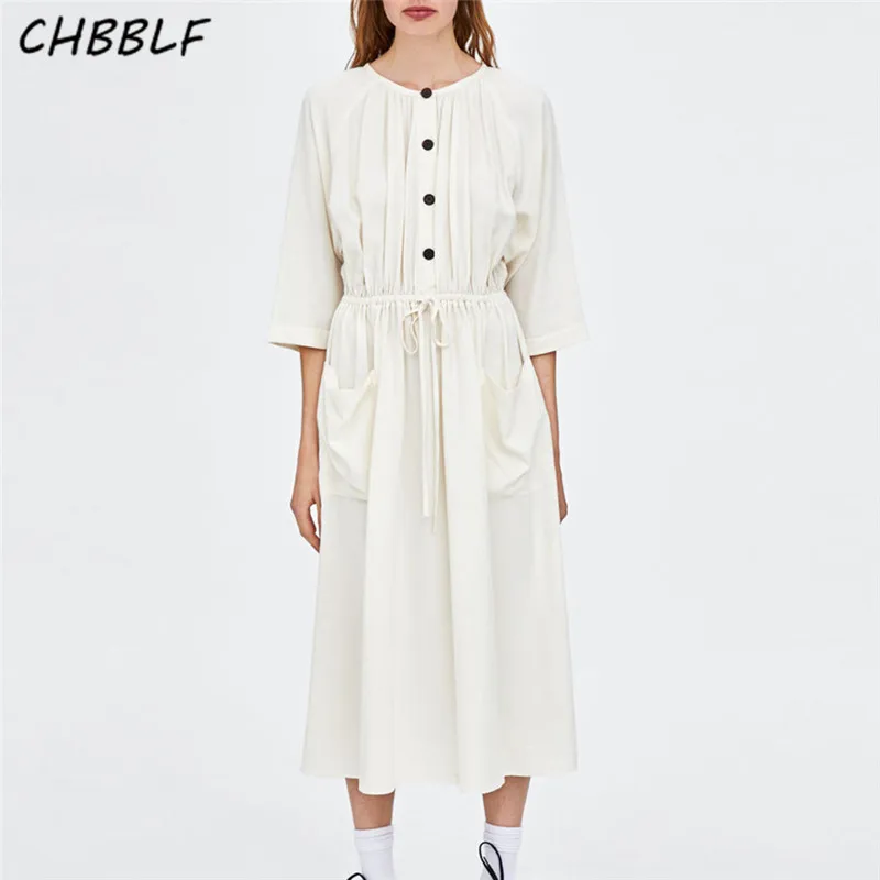 

CHBBLF women vintage white midi dress bow tie sashes buttons o neck pleated female summer wear dresses vestidos WDL6019
