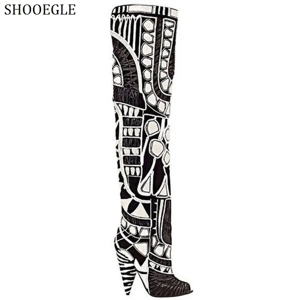 

SHOOEGLE Botas Mujer Patent Leather Thigh High Boots Patchwork Spike Heels Over-The-Knee Boots Rome Style Women Motorcycle Boots