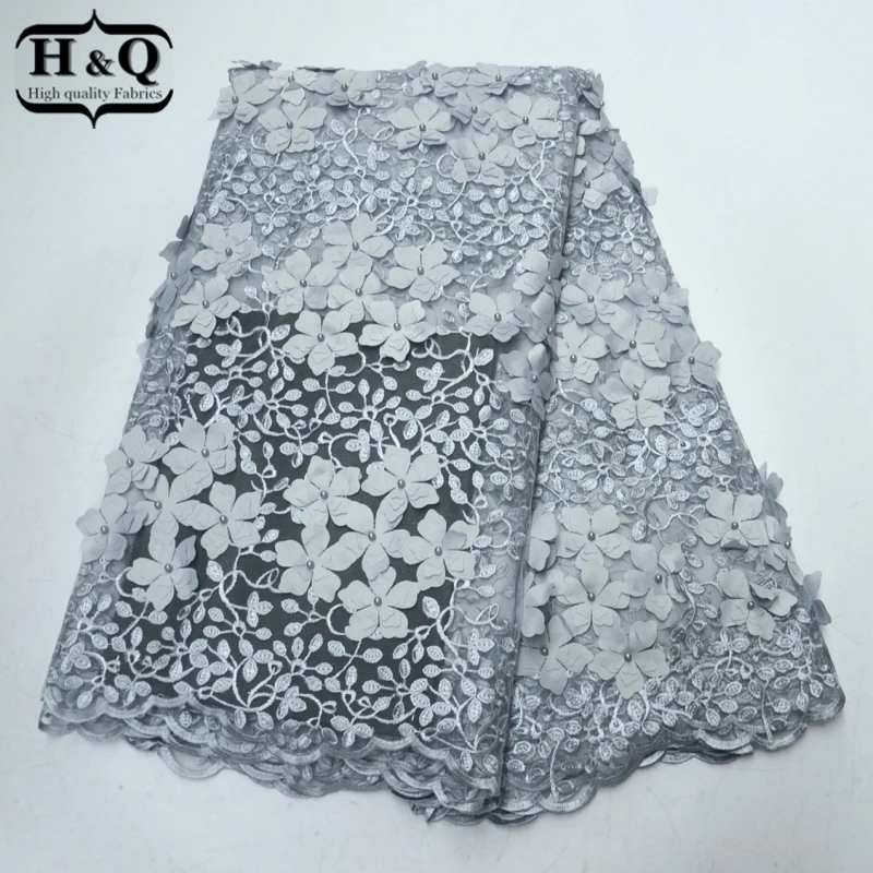 

H&Q Beautiful flower 3D applique Nigeria lace French tulle lace Embroider with Beads African lace fabric high quality for Women