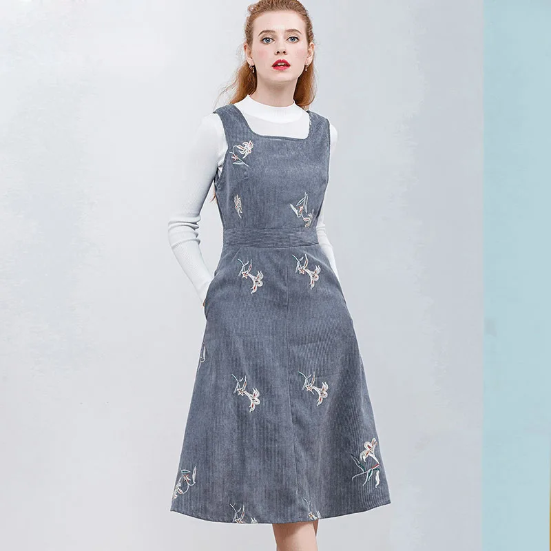 HELIAR Winter Sleeveless Embroidery Corduroy Dress Elegant Women Velvet Dress A-Line Dresses Pocket Grey Vintage Vestidos - Color: grey