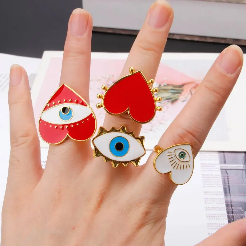 

Heart Shape Enamel Evil Eye Open Band Women Rings Exaggerated Fashion Jewelry