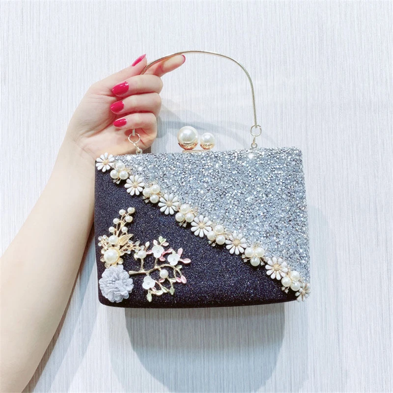 Новые блестящие сумочки, женские вечерние сумочки в стиле пэчворк с жемчугом, женские роскошные свадебные сумочки с металлическим цветком, черный клатч, MN1383