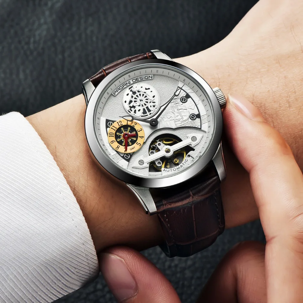Новые модные роскошные брендовые кожаные часы PAGANI с турбийоном, автоматические мужские часы, мужские механические стальные часы, мужские часы