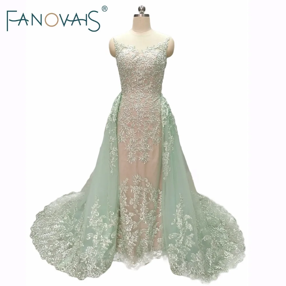 Mint Green Lace Evening Dresses With Detachable Skirt Sexy Green Formal