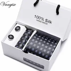 Vangise Новые цветочные hanky запонки галстук темно-синий Пейсли шелк жаккард тканый шеи галстук костюм Свадебная вечеринка Подарочная коробка