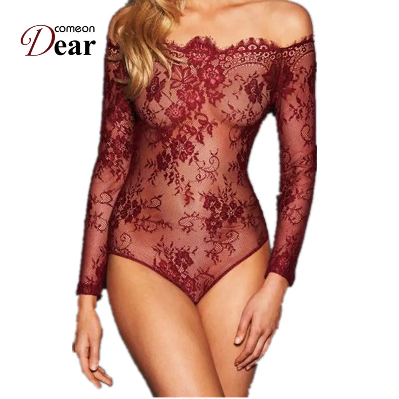 

Comeondear Plus Size Rompers Bodies Woman Sexy Underwear Women Sexy Club Wear Wine Red Long Sleeve Off Shoulder Bodysuit RK80549