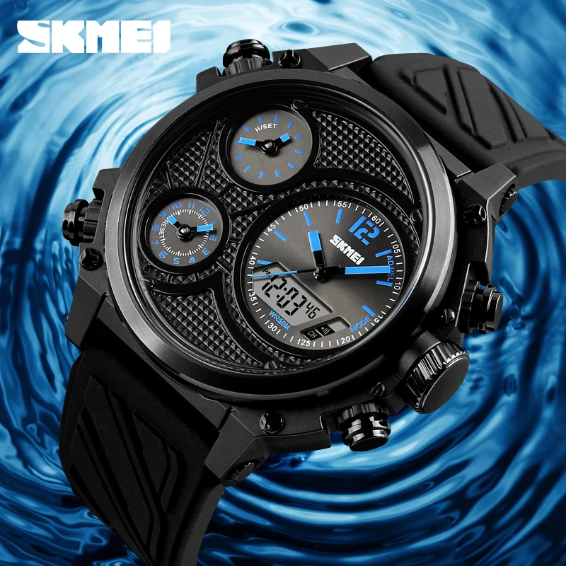 

SKMEI Men Fashion Watches Double Time 50M Waterproof Digita Wristwatches Alarm Chrono EL Light Week Display Wristband 1359