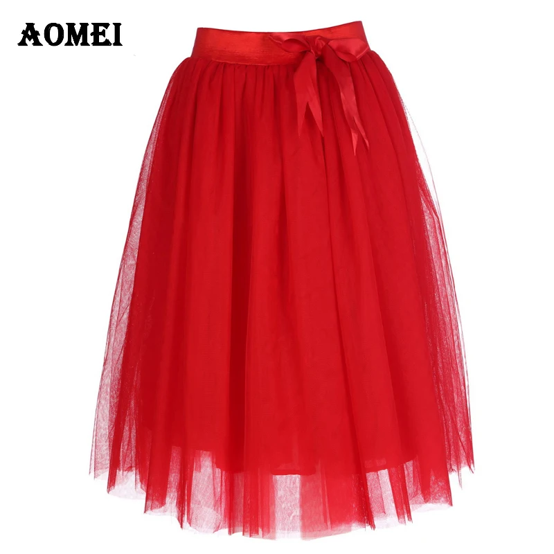 

5XL XXL Women Red Tulle Midi Skirt with Bow Tie Lolita Ladies Elegant Bridal Fashion Skirts Jupe Zipper High Waist Saia Clothes