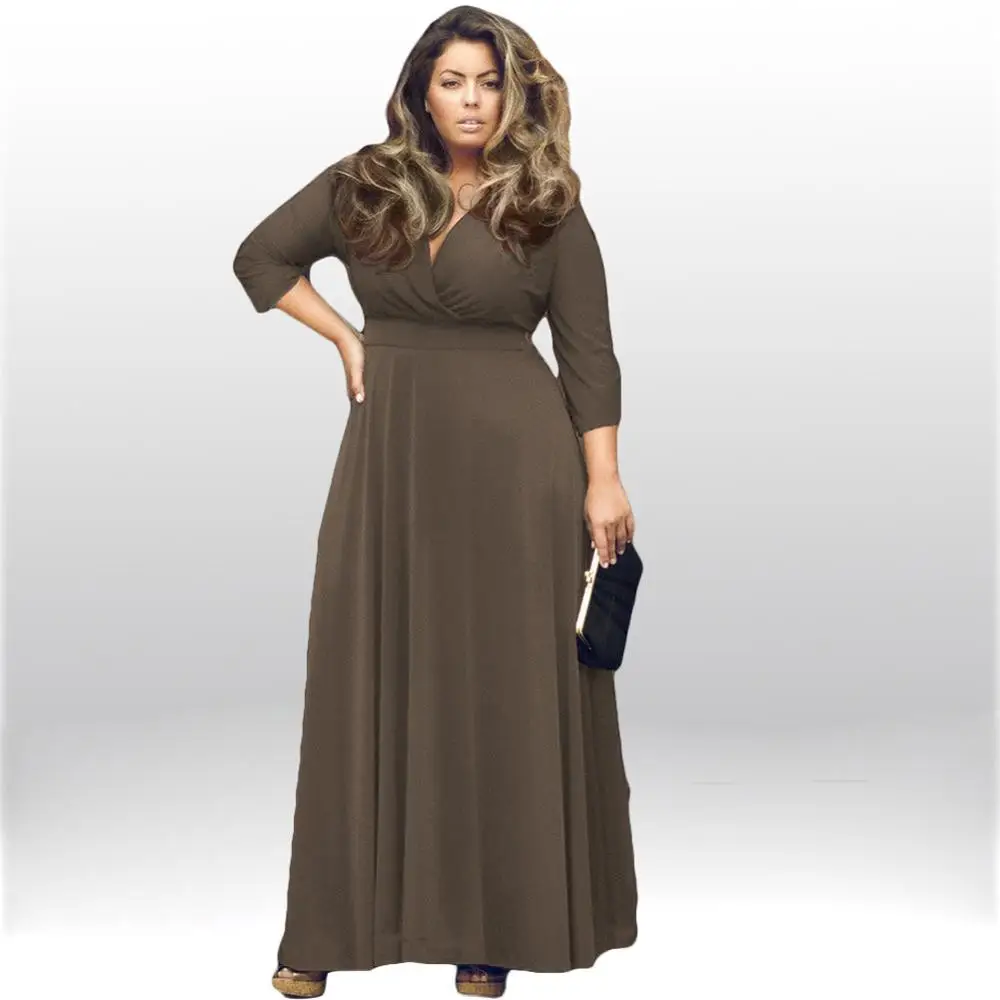 Винтажное длинное платье трапециевидной формы, женское повседневное плиссированное платье с v-образным вырезом, женское элегантное офисное платье для работы, женское платье размера плюс - Цвет: Brown
