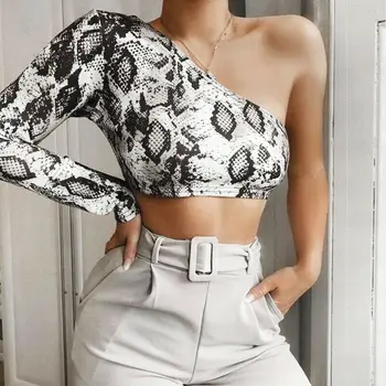 

Fashion Women Summer One Shoulder Crop Top Snake Print serpentine Tank Evening Party Club Bandage tunique femme Streetwear