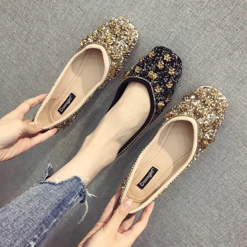 

comfortable soft Bling ballet 2019 PU women Square Toe Ballet Flats Microfiber Casual Lace-Up Crystal fashion Rubber Slip-On