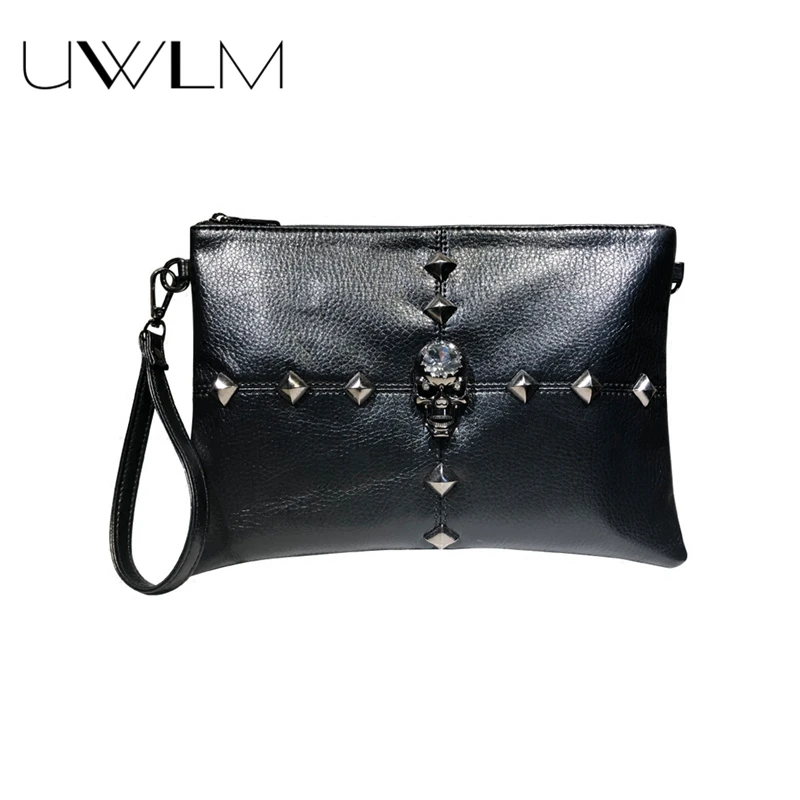 Black Clutch Purse Women Luxury Rivets Metal Skull Handbags Wallet Women Clutch Soft Leather Crossbody Bags pochette sac femme