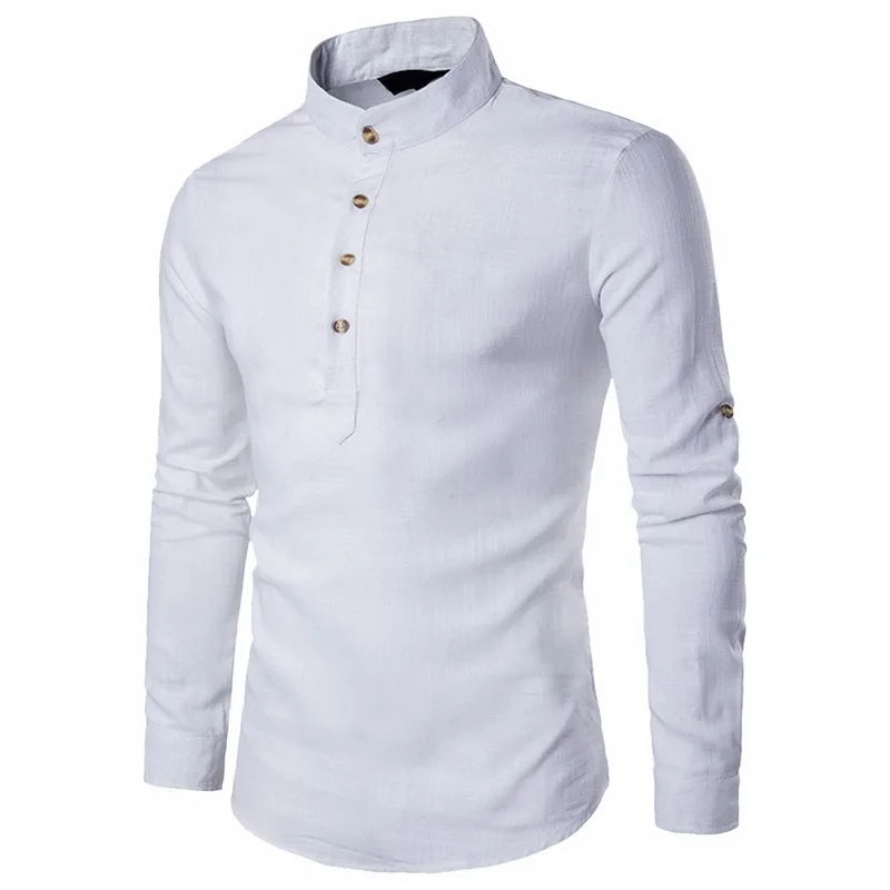 Laamei Мужская Повседневная рубашка из хлопка и льна с воротником «Мандарин», дышащие удобные рубашки с длинным рукавом в традиционном китайском стиле - Цвет: color 1