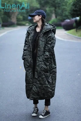 Cheap LinenAll women's autumn parkas, women's/men's 100% cotton vintage camouflage  thick wide-waisted long parkas outerwear YIJIU
