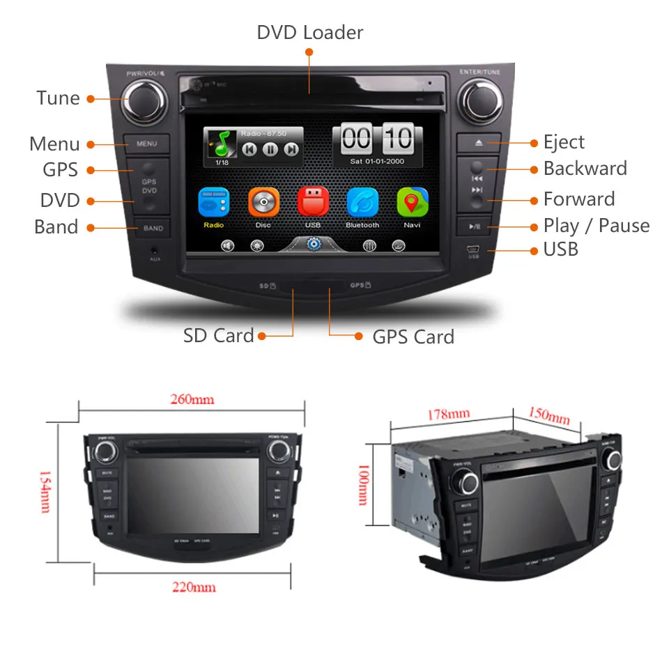 Excellent 2Din Car In Dash DVD Media Player Radio Bluetooth Head Unit Stereos with Reverse Camera for Toyota RAV4 2007-2011 (Without GPS) 10