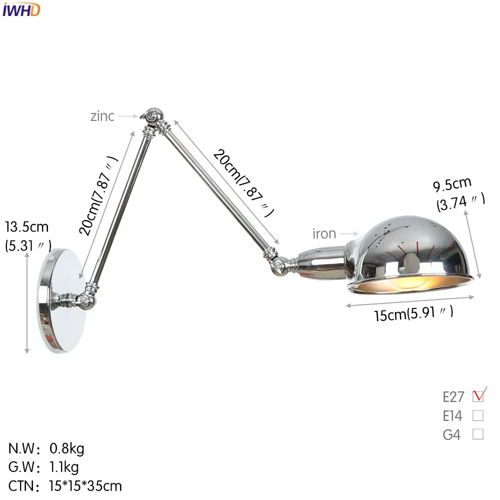 IWHD серебро Лофт Стиль Винтаж светодиодный настенный светильник Ванная комната Спальня Ретро Регулируемый качели длинные руки настенный светильник Эдисон Aplique сравнению - Цвет абажура: Silver