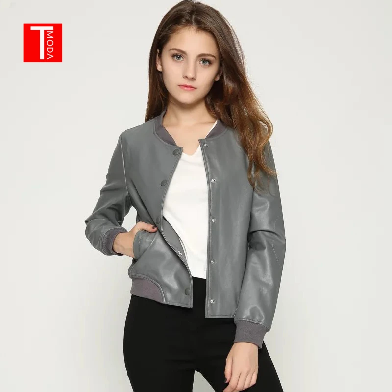 

2018 Women Casual Faux Leather Short Jackets Lady Gray Bomber Jacket Letter Printed Single Breasted Coat With Pocket