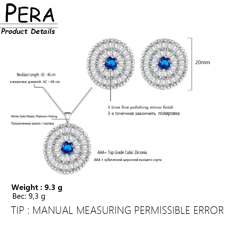 Pera модные ювелирные изделия из белого золота королевский CZ камень синий зеленый кубический цирконий кулон ожерелье серьги наборы для женщин J107