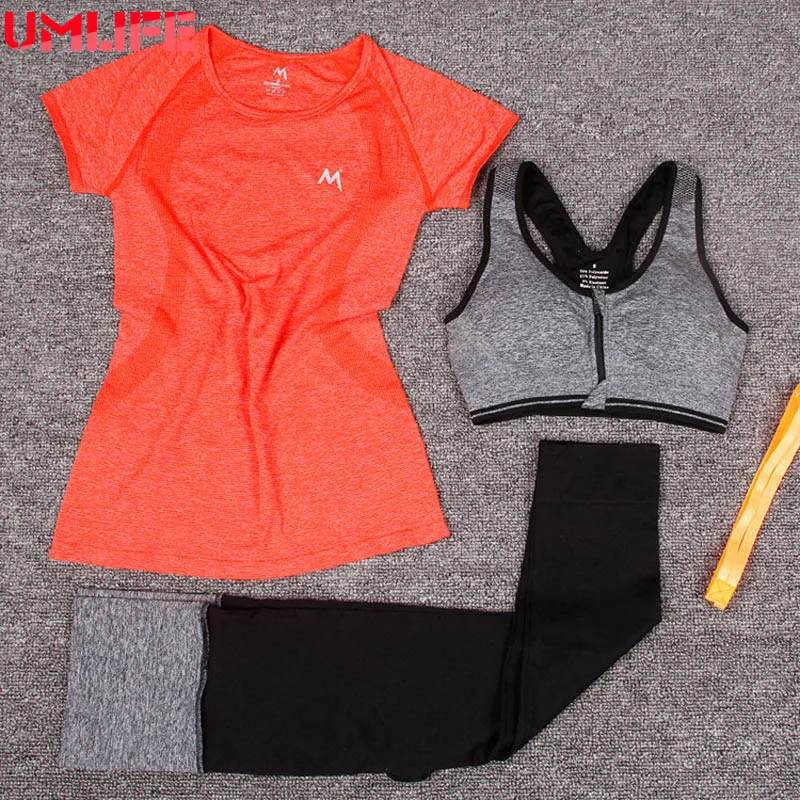 UMLIFE Women Three Pieces Set Yoga Set Outdoor Fitness Sexy Lady Yoga Bra T-shirts Pants Sports Suit Workout Running Clothes