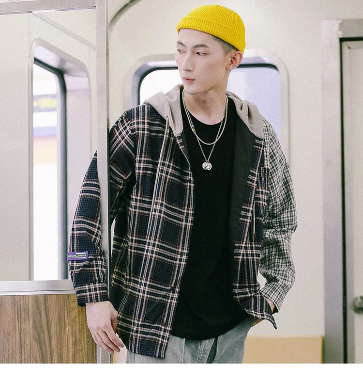 Men Hip Hop Hooded Jacket Vintage Plaid Patchowrk Harajuku Jacket Hoodie Color Block Streetwear Jackets Retro Style Autumn