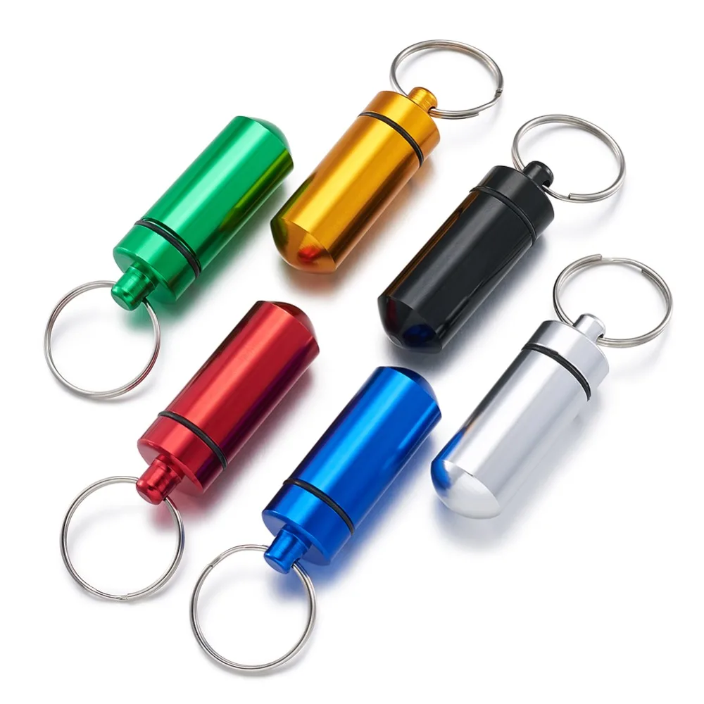 

1pc Pandahall Outdoor Portable Aluminium Alloy Small Pill Case with Iron Key Ring, Platinum, 50.5x17mm; Key Ring: 24.5m