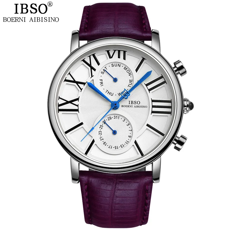 Многофункциональные женские часы IBSO,, Топ бренд, кварцевые часы с ремешком из натуральной кожи, женские часы с календарем, дисплеем недели, Reloj Mujer - Цвет: White purple