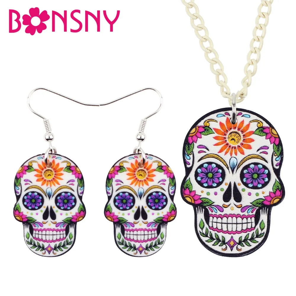 

Bonsny Statement Acrylic Halloween Floral Punk Skull Earrings Necklace Jewelry Sets For Women Girls Teen Festival Gift Statement