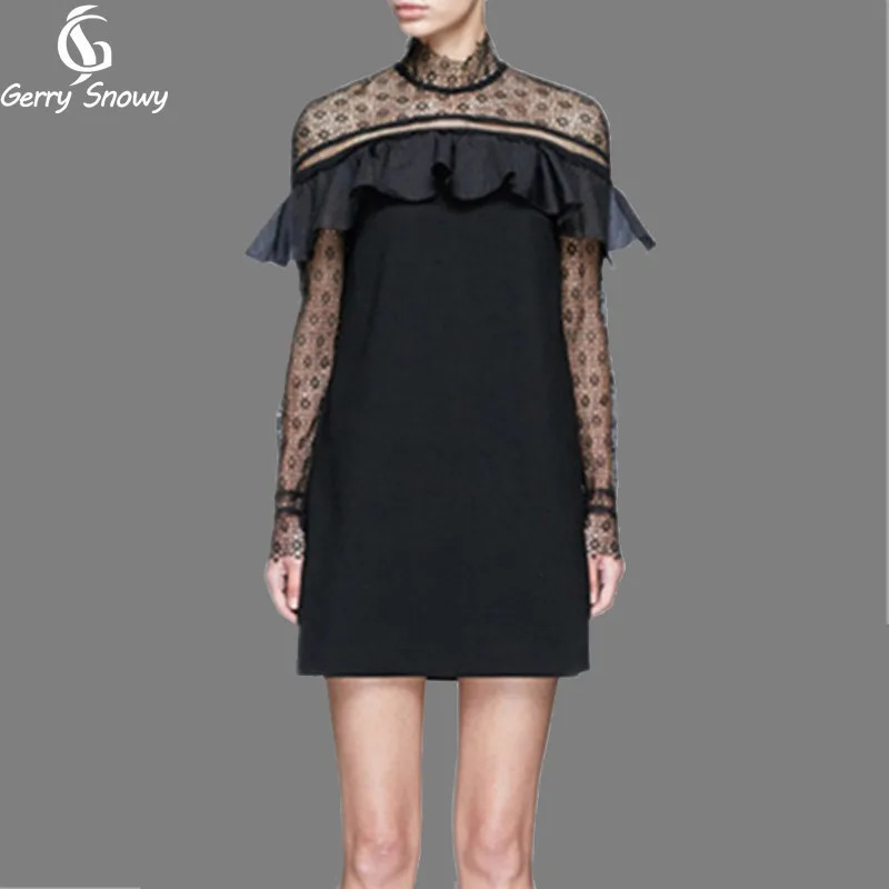 

2018 Autumn self portrait dress vintage sexy runway lace black white long sleeve dresses Evening party mesh Vestidos