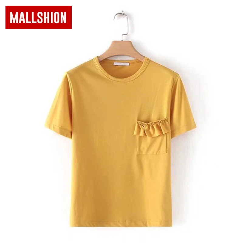 Mallshion футболка Симпатичные оборками карманы Женские повседневные футболки с