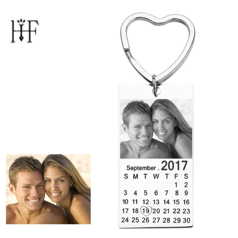 

Stainless Steel Custom Photo Calendar KeyChain Engravable ID Dog Tag Charm Pendant Key Chain Portachiavi Valentine's Day Gift