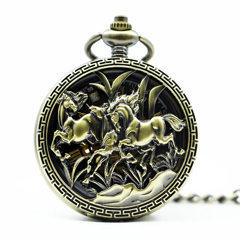 

Retro Hollow Double Running Horse Design Mechanical Pocket Watch Unique FOB Chain Bronze Skeleton Dial Hand Wind PJX1298