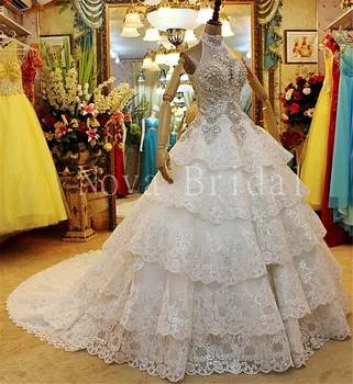 شراءمخصص الكرة ثوب بلورات الخرز الثقيلة الدانتيل الطبقة الفاخرة فساتين الزفاف قطار طويل Vestidos دي Noivas برنسيسا Cristal IZ046