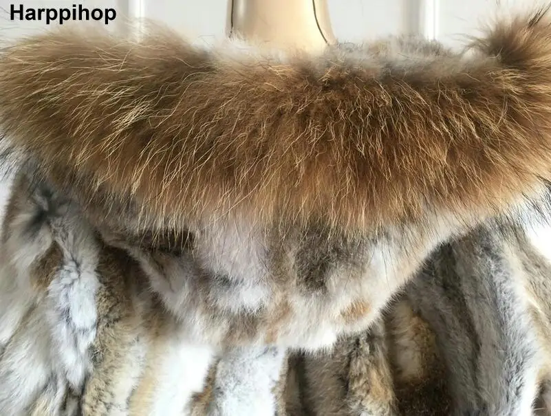 Harppihop* шуба из натурального кроличьего меха с большой шапкой из натурального кроличьего меха, женская короткая шуба из меха кролика с енотом