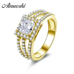 AINUOSHI 10 К твердого желтого золота обручальные кольца Bague Femme de Marque de Luxe Обручение ювелирные изделия Принцесса Halo Для женщин обручальные