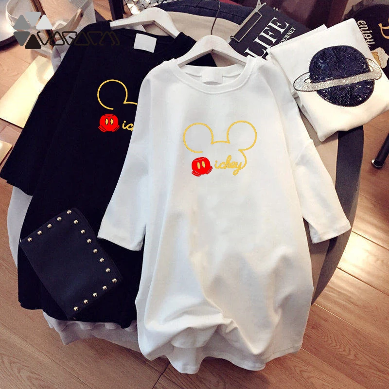 

Summer Fashion Women Dresses Minnie Mickey Mouse Cartoon Print Clothes Loose Women Clothing Big Size Cute Mini Dress Black