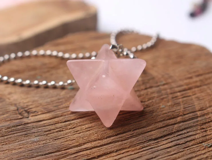 Natural Rose Quartz crystal Stone Merkaba Pendant Necklace
