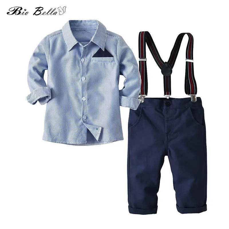 

Formal Baby Boys Bow Gentle Suits Blue Striped Shirts+Suspender Pants 2pcs Sets Spring Autumn Fashion Children Clothing