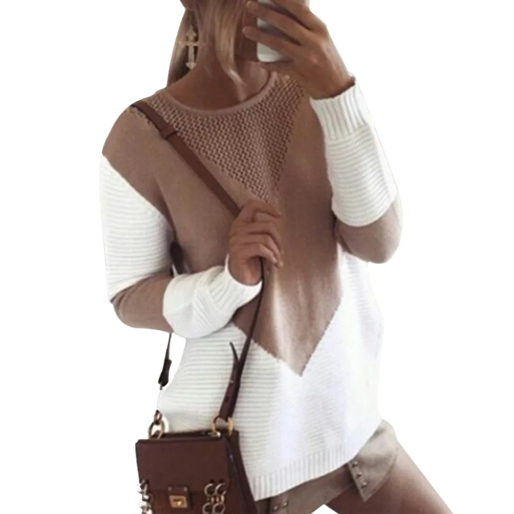 2018 New Autumn Winter Knitted O-neck Women Sweaters Long Sleeve Split Pullovers patchwork vestidos Light Cooked elegant 66653P | Женская