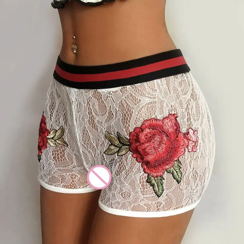 

Womens Mid Rise Erotic Sheer Floral Lace Underwear Striped Waistband Boyshorts Hipster Rose Embroidery Applique Stretch Panties
