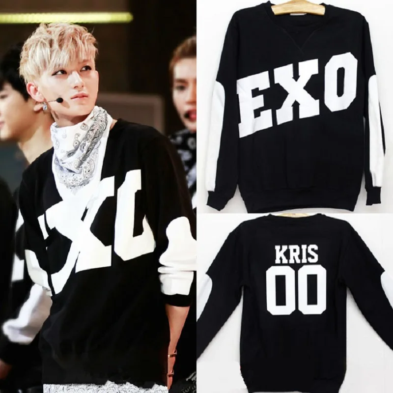 Baratos Kpop sudaderas con capucha Exo nuevo Unisex blanco negro SBS Corea Delgado hip hop sudaderas camisa manga larga cuello redondo mujeres hombres jerseys