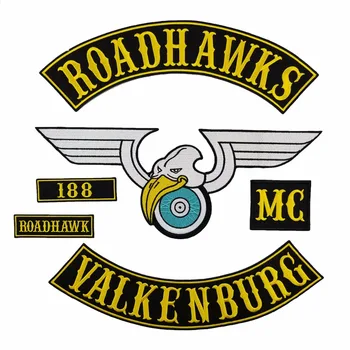 

Patches For Clothing ROADHAWKS VALKENBURG CA Biker Vest Embroidered Patch Iron On Back of Jacket Patch Black twill fabric