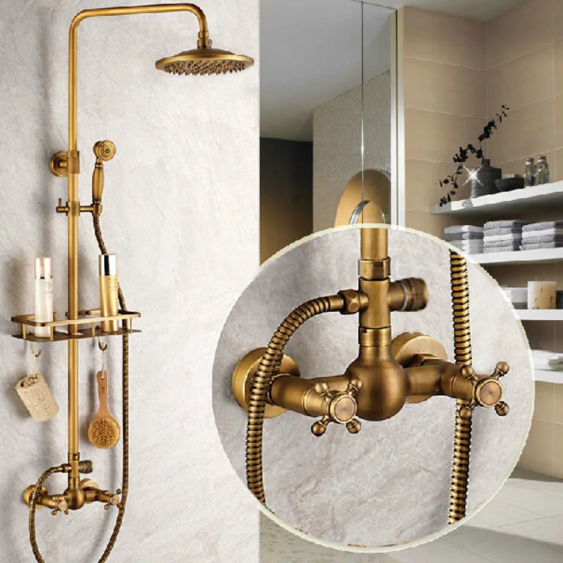 Antique-Brass-Wall-Mounted-8-Round-Rain-Shower-Faucet-Dual-Handles-Mixer-Tap-With-Bathroom-Shelf