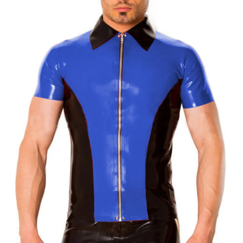 

Latex Rubber Men Tight-Fitting Coat Handsome Shirt Navy Blue and Black Top With Zipper Size XXS-XXL