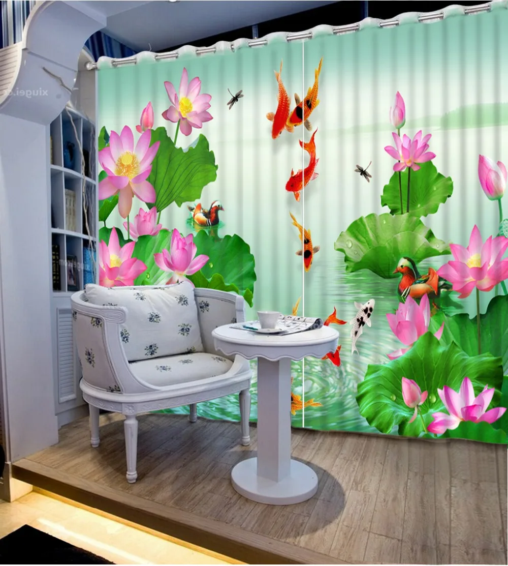 High Quality Costom 3d curtains Classic Home Decor louts flower fish fabric custom | Дом и сад