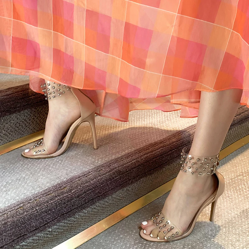 

Transparent One-Belt Sandals Fairy Wind 2019 New Type Net Red Rivets with Open Toes and Fine Heels in Summer