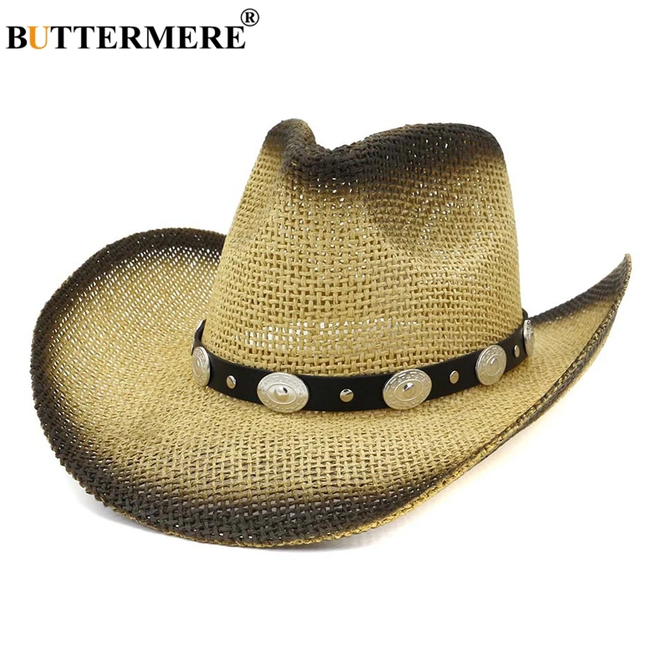 

BUTTERMERE Wide Brim Sun Hat Cowboy Men Classic Khaki UV Hat With Belt Women Metallic Decoration Brand Western Summer Straw Hats