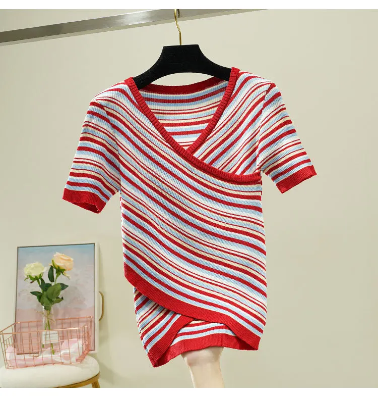 

Baharcelin High Quality Women Girl Summer short Sleeve Pullover V neck Knitted sweaters Cute Sweet basic Knitwear Outwear Top