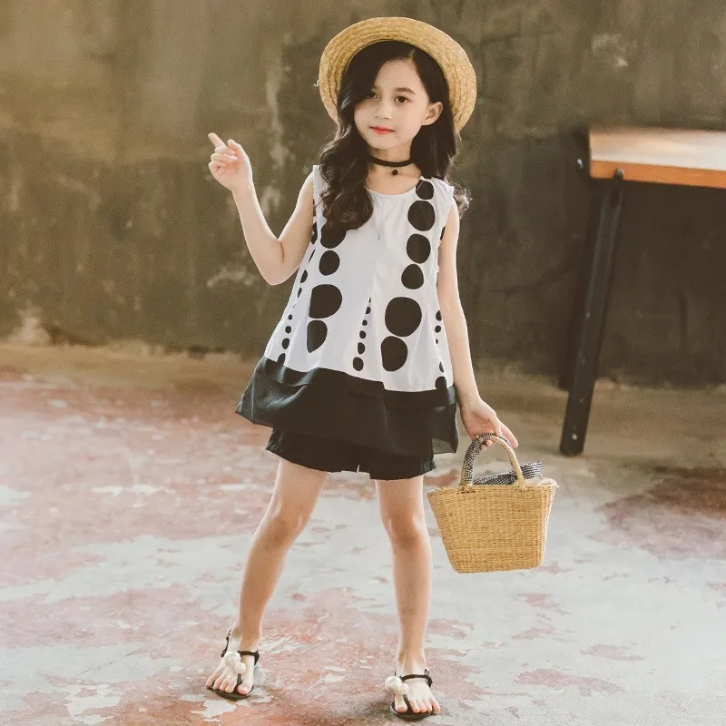 

Dot Little Girls Summer Clothes 2019 Teenage Girls Clothing Outfits White Shirts Vest Tops And Black Shorts Two Pieces Suits
